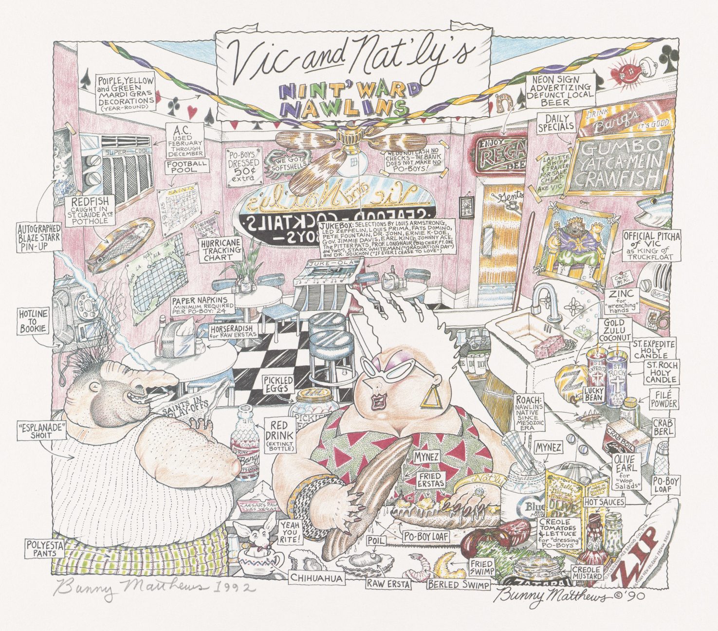 A detailed color illustration depicts the fictional restaurant owned by cartoon characters Vic and Nat’ly. Many details, highlighting local dialect and traditions, are pointed out with captions written by artist Bunny Matthews.