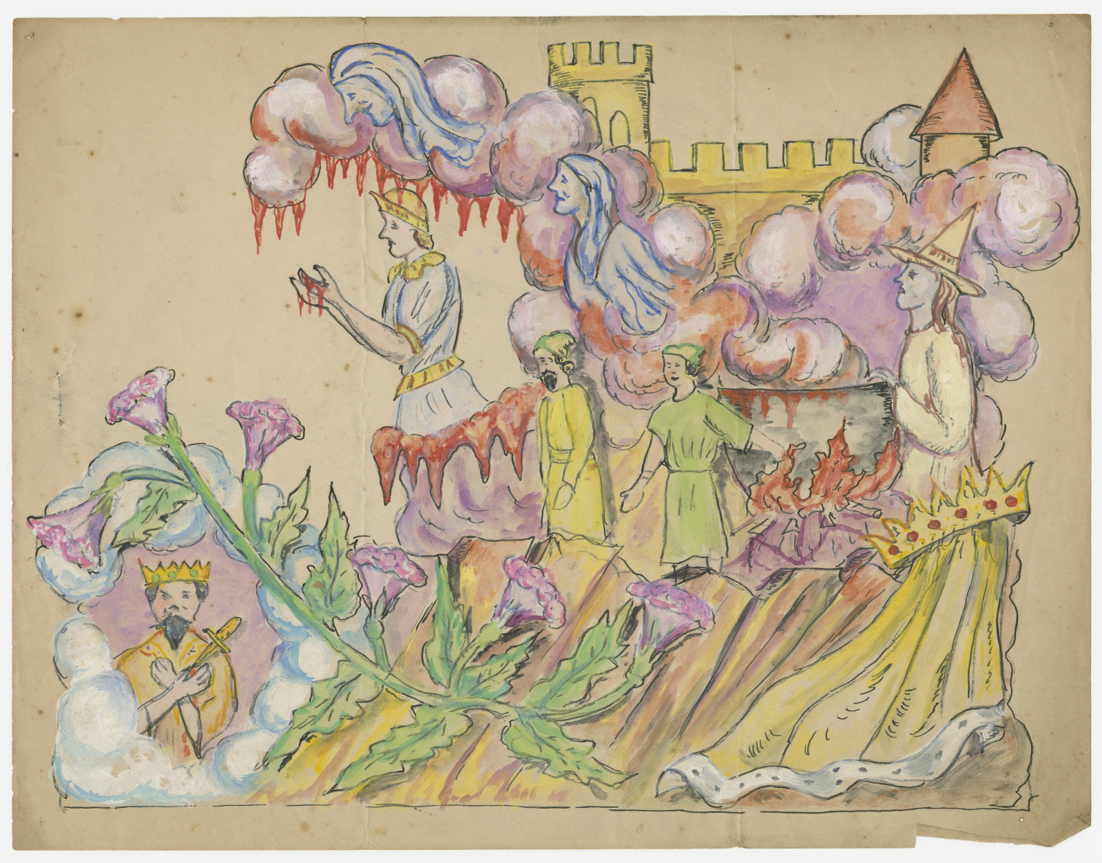 Colorful, surreal artwork featuring medieval figures: a person with a crown and harp, a castle, three people walking, one holding red cards, a large cauldron with fire, crowned person on a hill, and oversized thistle flowers throughout.