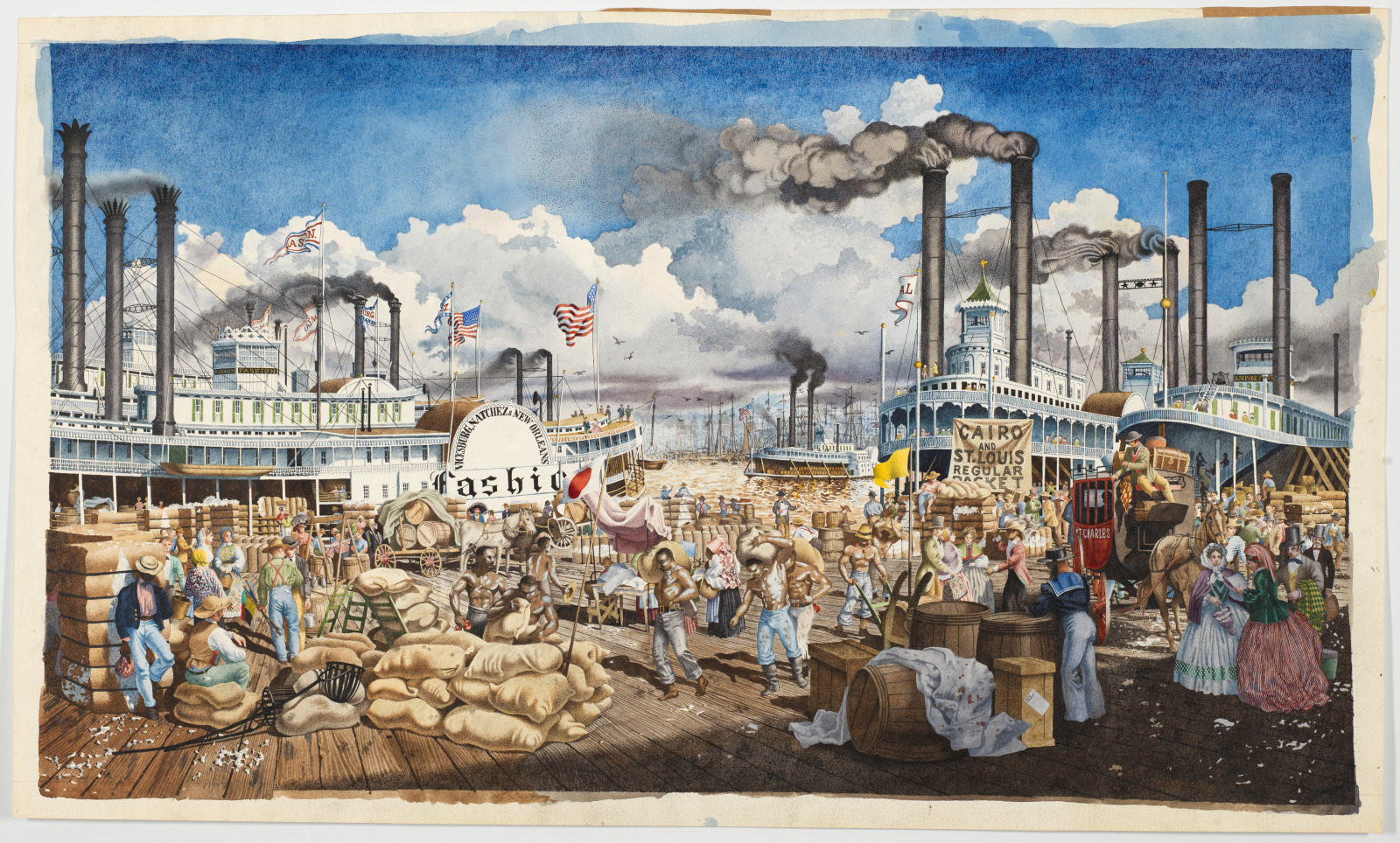 A bustling dock scene with steamboats, including the Nashville and Cairo, in the background. Workers are loading and unloading cargo, and people are engaged in various activities. Smoke rises from the boats under a blue sky with scattered clouds.