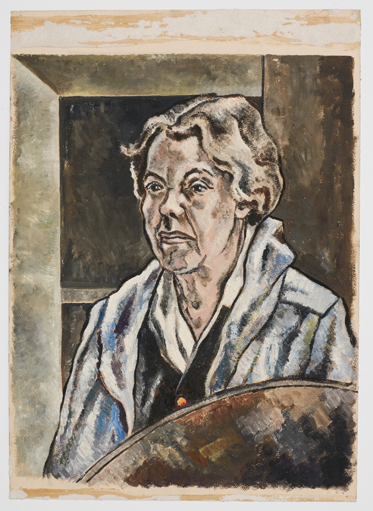 A painting of an older person with light hair, wearing a black top and a white shawl. The style is abstract, with bold brushstrokes and muted colors. The background features geometric shapes and earth tones, adding depth to the portrait.