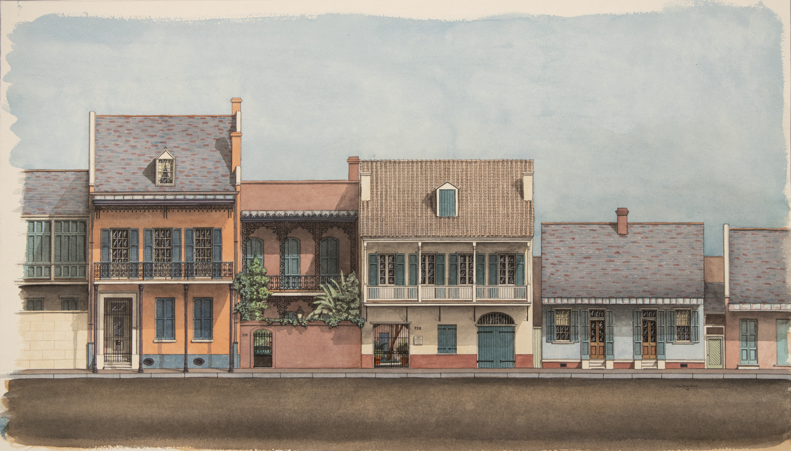 A watercolor painting of a row of colorful historic buildings with balconies and shutters under a blue sky. The architecture is detailed, showcasing a blend of styles and greenery along the facades.