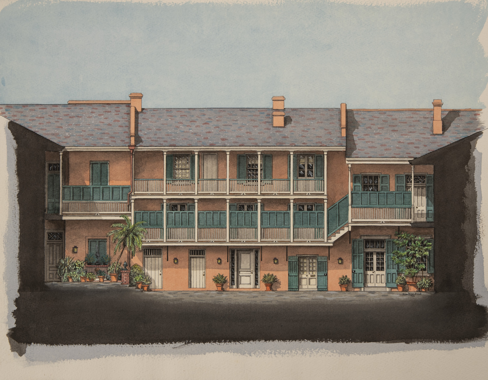 Illustration of a two-story building with green balconies and multiple doors and windows. The facade is adorned with potted plants and small trees. The sky is clear, creating a serene atmosphere.