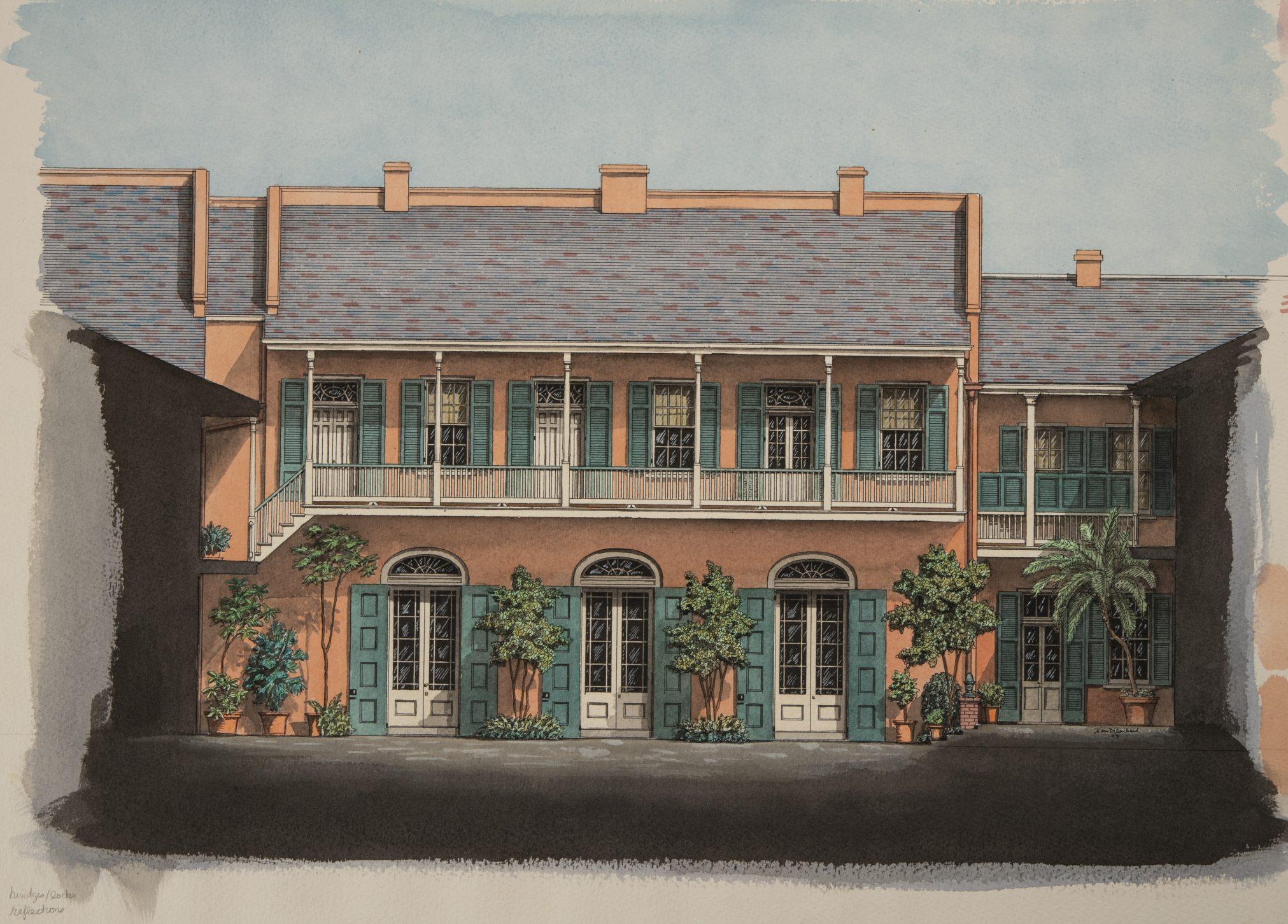 Illustration of a two-story building with a balcony, featuring arched doors and green shutters on the upper level. The scene includes potted plants and trees lining the front, under a clear blue sky.