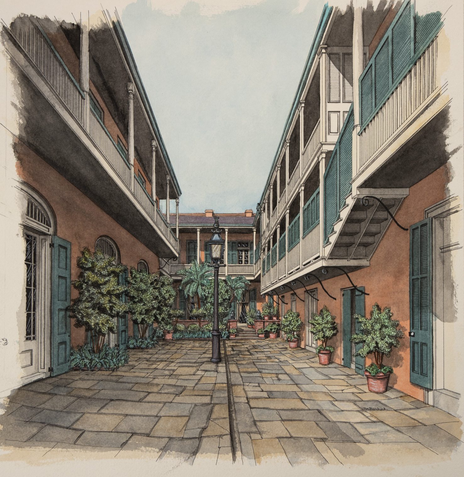 Illustration of a charming courtyard with potted plants and trees. The scene features two-story buildings with balconies, shuttered windows, and a stone-paved ground, creating a serene and inviting atmosphere.
