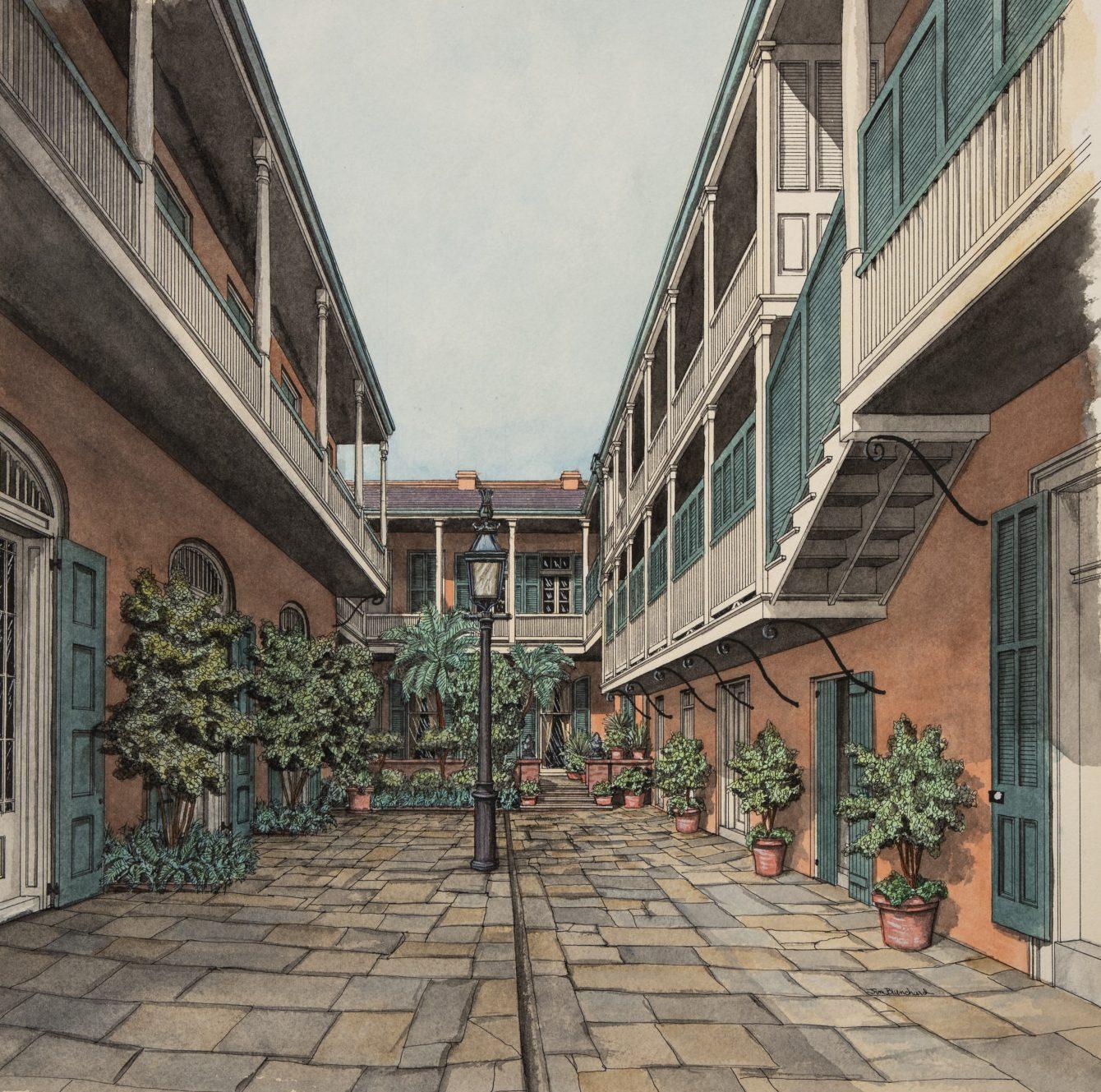 Illustration of a picturesque courtyard with plants and a lamppost surrounded by two-story buildings featuring balconies and shutters. The area is paved, giving it a quaint, serene atmosphere.