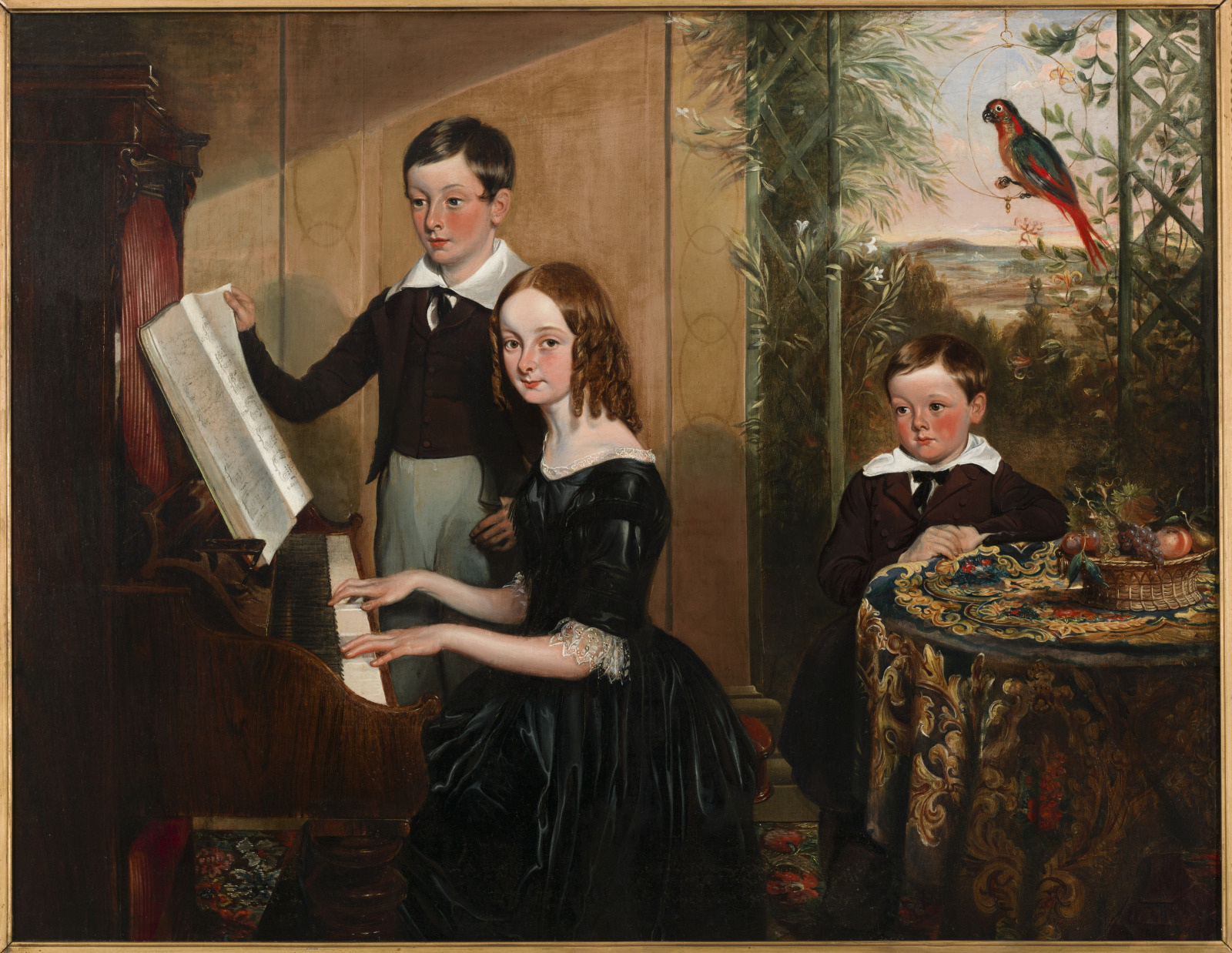 A Victorian-era painting depicting three children indoors. A girl plays the piano, a boy stands beside her holding sheet music, and another boy sits at a table with a parrot on a perch. The room is richly decorated.