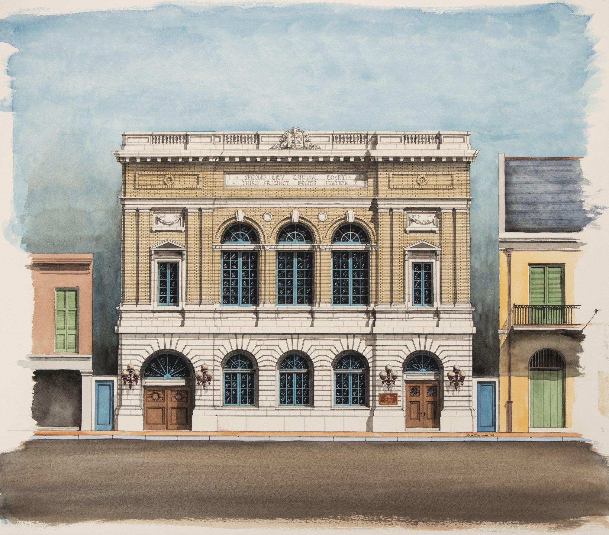 Illustration of a neoclassical building with ornate arches and large windows. The structure is flanked by two smaller buildings, showcasing architectural details and a neutral color palette under a clear sky.