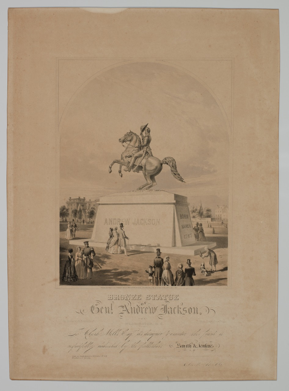 An illustration of a bronze statue of Andrew Jackson on horseback atop a pedestal. Several people, including men, women, and children, are observing the statue in a park-like setting. The pedestal is inscribed with Andrew Jackson and Born 15th March 1767.