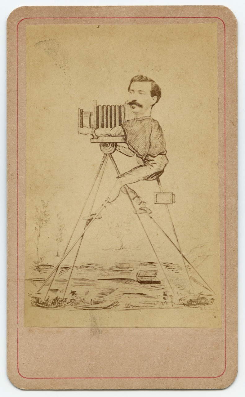 A vintage-style illustration of a man with a mustache holding a large camera on a tripod, with his legs forming the tripod legs. The image has a sepia tone, adding an antique feel.