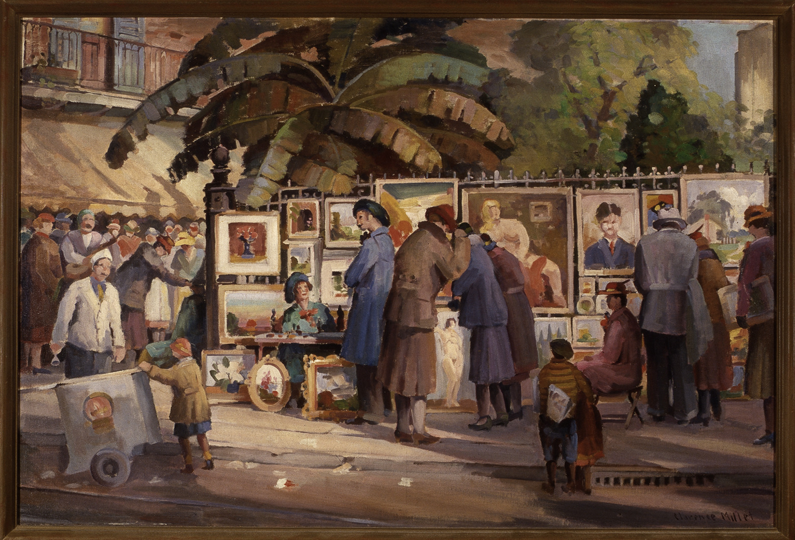 A bustling outdoor art market scene, featuring people in early 20th-century attire viewing and purchasing paintings displayed on a fence. A large palm tree provides shade, and various art styles are visible.
