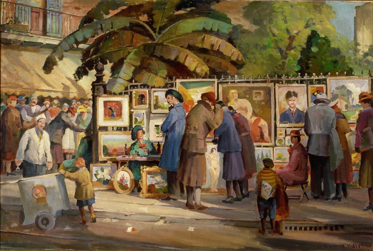 A bustling outdoor art market scene with people admiring and browsing paintings on display. A large tree with broad leaves towers over the setup. Children play near a cart in the foreground, and greenery forms the background.
