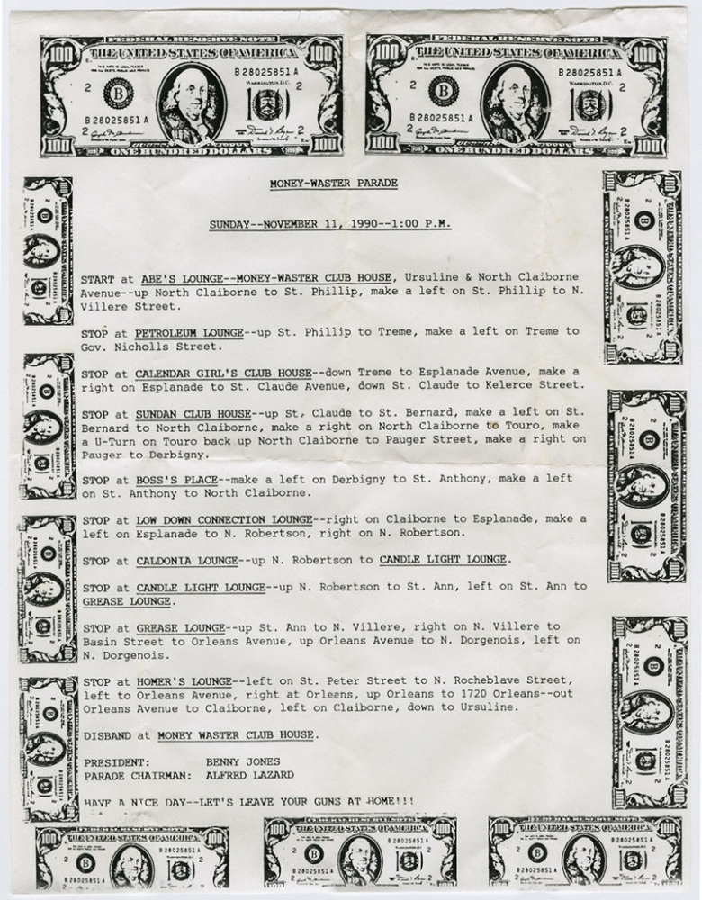 A flyer titled Money-Waster Parade features a schedule for Sunday, November 11, 1990, mentioning stops at various lounges and clubs in New Orleans. It is bordered by images of dollar bills.
