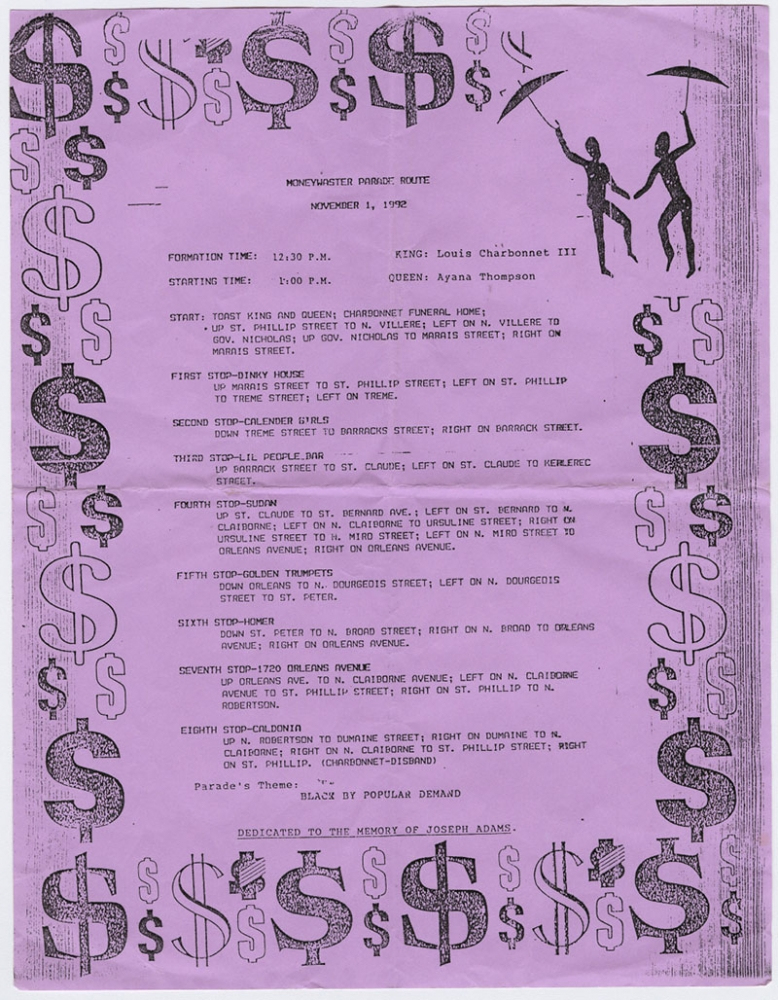 A vintage parade route flyer from November 1, 1992, features dollar signs and silhouettes of dancers. It lists various stops and times, starting at 12:30 p.m. with King Louis Charbonnet III and Queen Ayana Thompson mentioned. Dedicated to Joseph Adams.