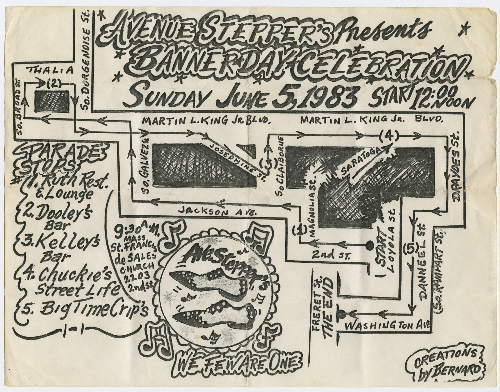 A vintage 1983 flyer for the Avenue Stepper’s Banner Day Celebration, featuring a hand-drawn parade route map, event details, and a list of parade stops. A circular emblem with decorated shoes and the phrase "We Few Are One" appears at the bottom.
