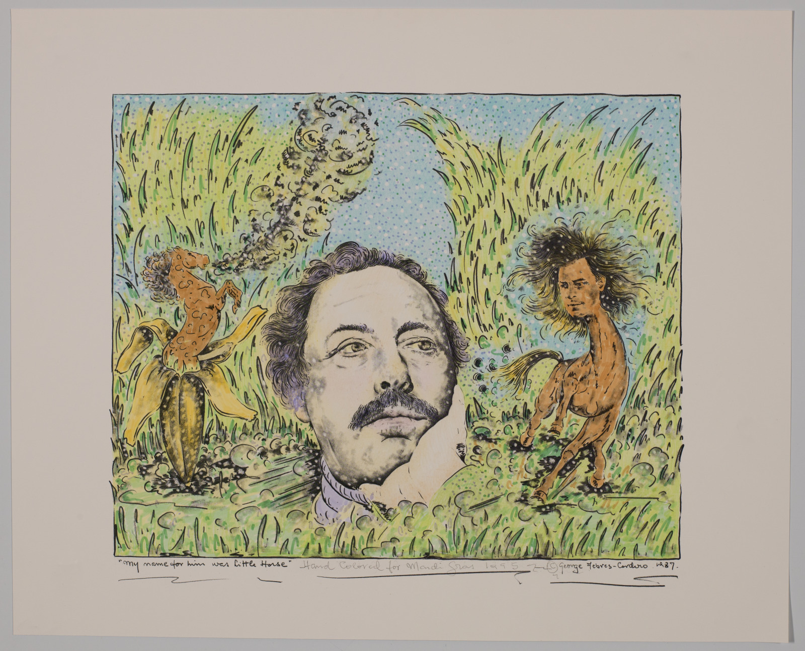 Illustration features a mans head resting in a hand amidst tall grass and abstract figures, including a bird-like creature and a horse-bodied figure. The scene is colorful and surreal, with intricate details and a blue, green, and yellow palette.