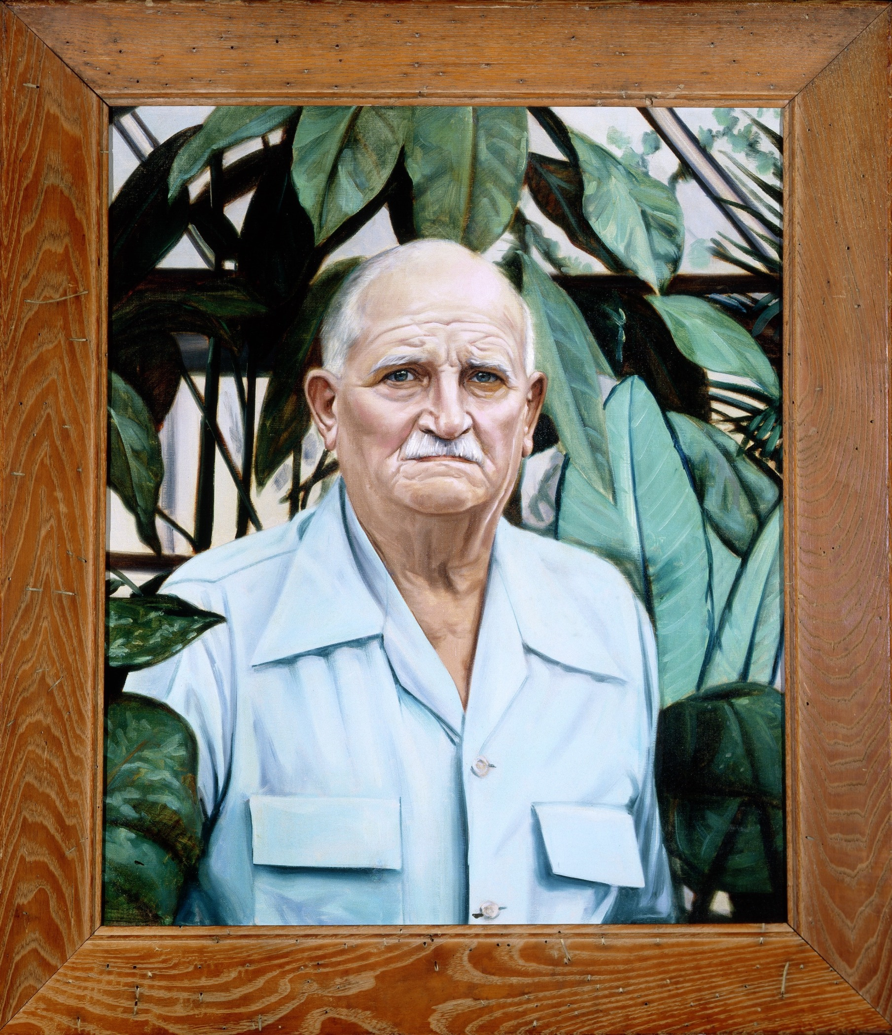 A framed portrait of an older man with a serious expression, wearing a light blue shirt. He stands in front of large green leaves, giving the painting a natural look. The wooden frame has a rustic appearance.