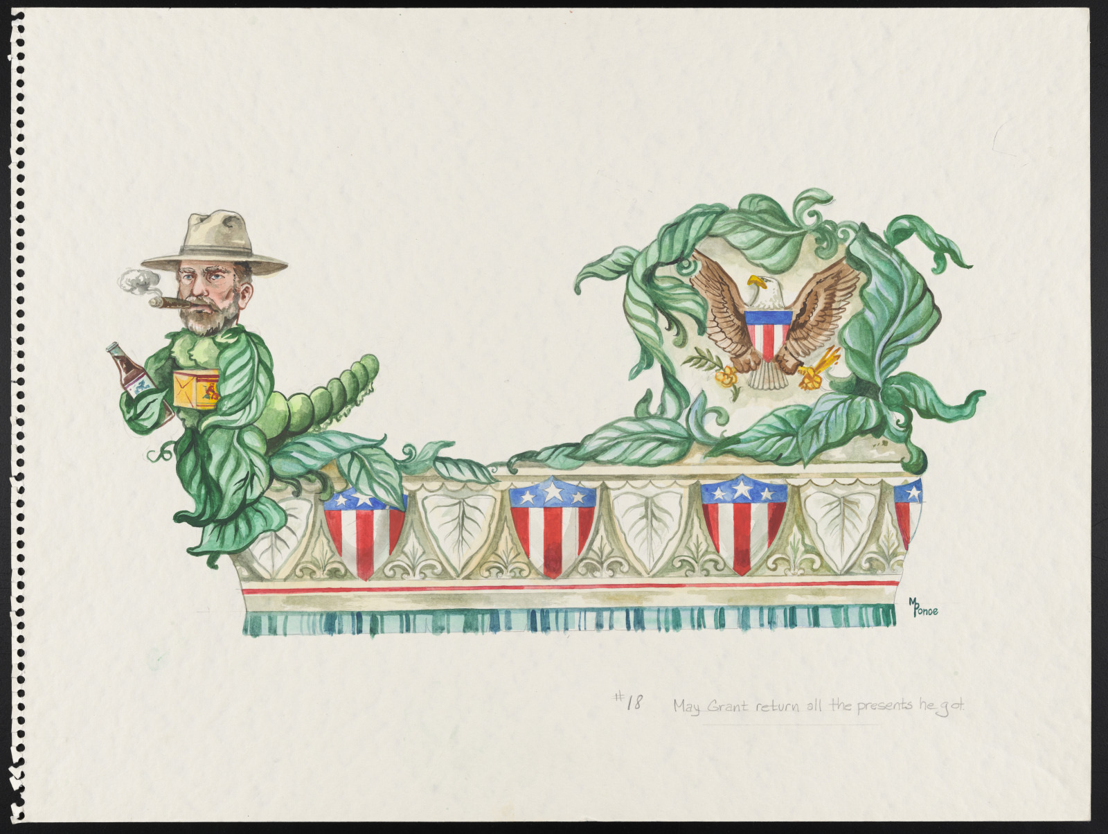 A green caterpillar with a human face, wearing a fedora and holding a bottle, sits on a chaise lounge adorned with American flags and an eagle emblem. The background is plain, enhancing the whimsical and patriotic elements.