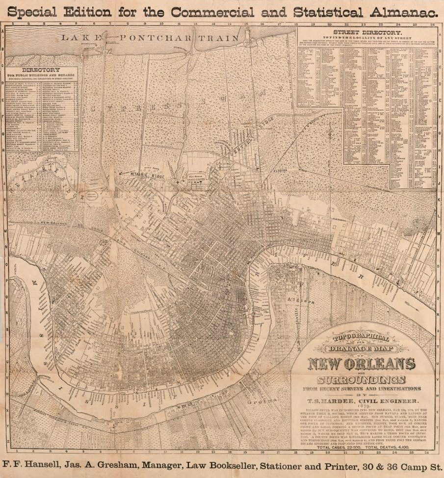Antique map of New Orleans and its surroundings, featuring street directory and notable landmarks. The map is titled Special Edition for the Commercial and Statistical Almanac, created by S. H. Hare in 1871.