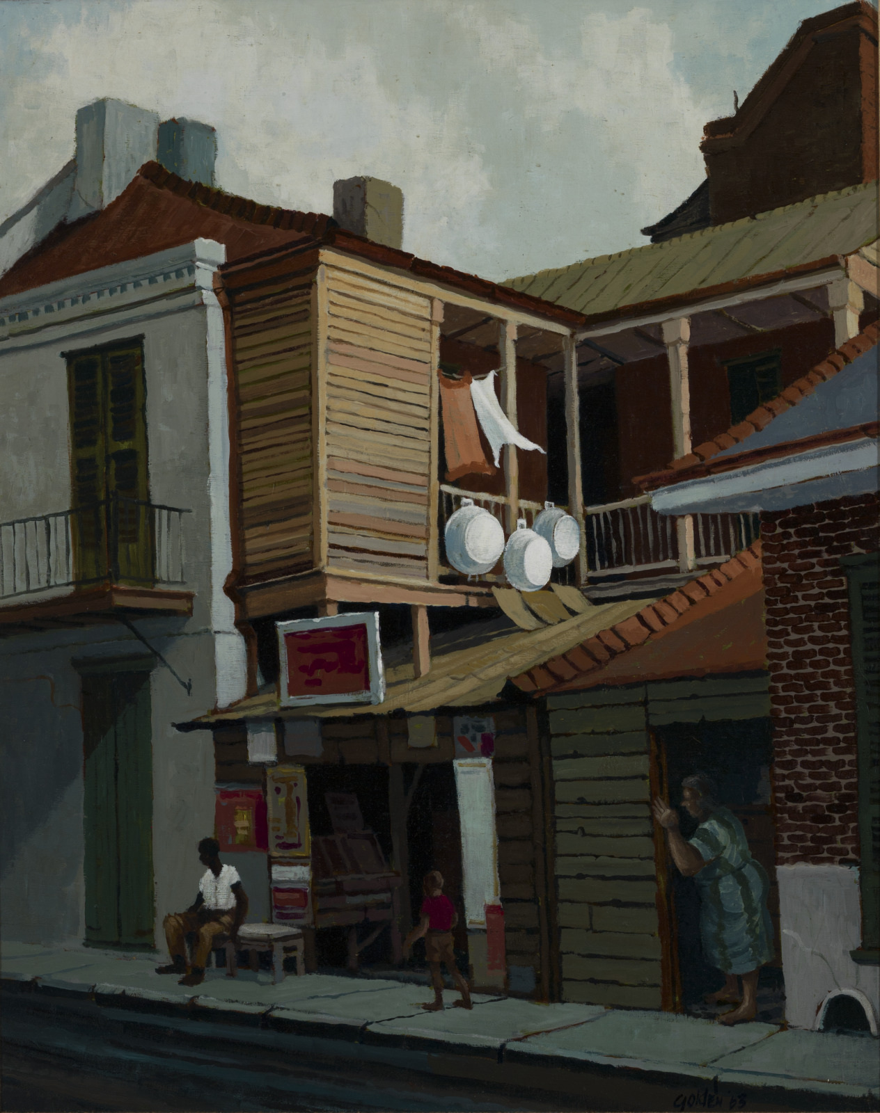 A painting depicts a street scene with two people. One sits on a bench outside a wooden building with a louvered facade. Another person stands near a doorway. The architecture features balconies and red-tiled roofs under a cloudy sky.