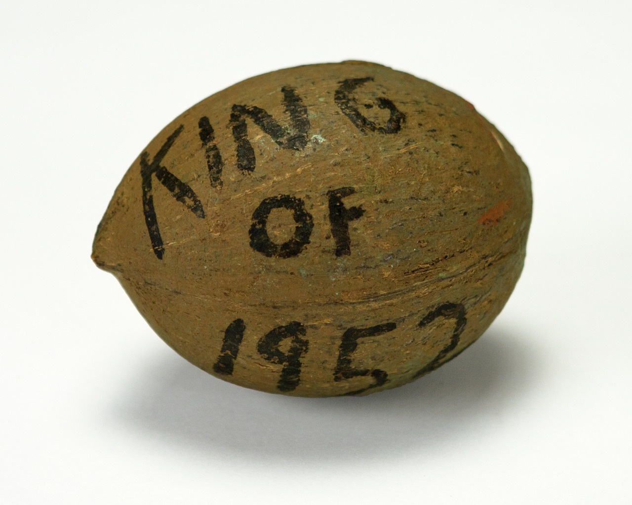 A brown nut with the words KING OF 1952 written in black marker on its surface, set against a plain white background.
