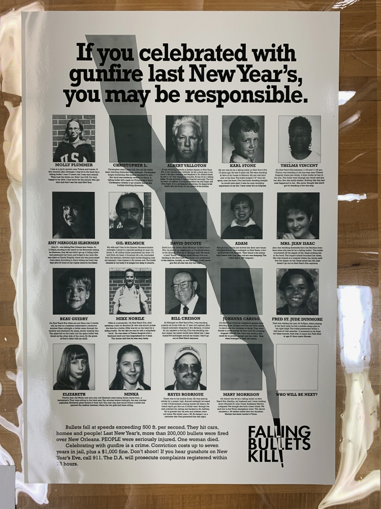 A poster warning about gunfire dangers. It has the title If you celebrated with gunfire last New Years, you may be responsible. Includes photos and names of individuals with Falling Bullets Kill! at the bottom.