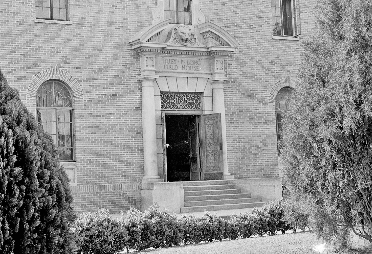 Photo of the front entrance of the Huey P. Long Field House on Louisiana State University's campus.