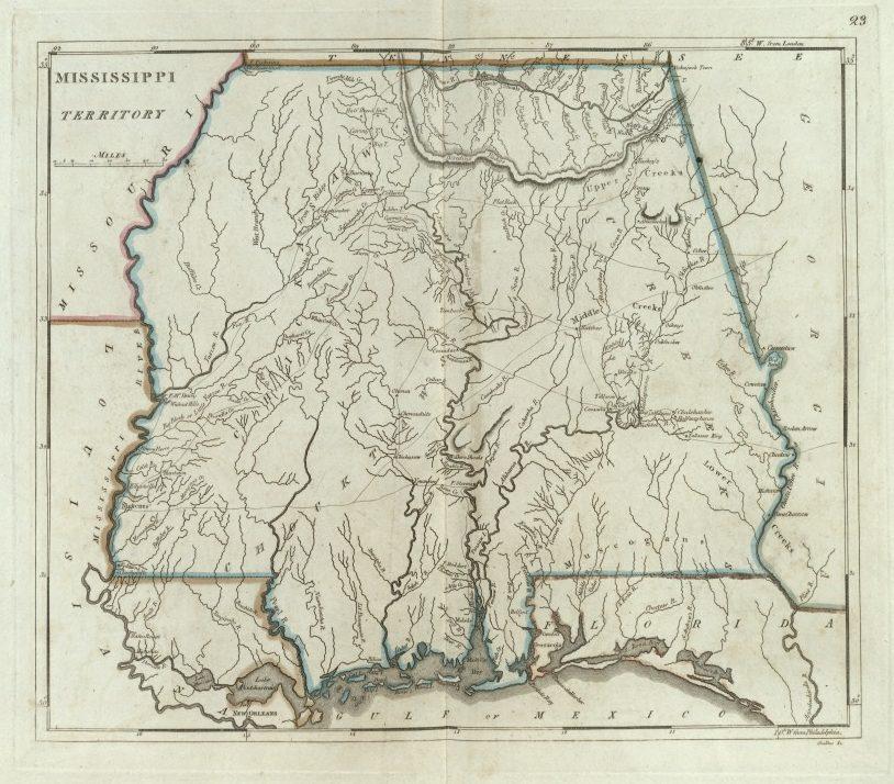 Antique map of the Mississippi Territory, showing detailed rivers, mountains, and settlements. The territory is bordered by the Mississippi River on the west, with hand-drawn lines and labels indicating the geographical features and areas.