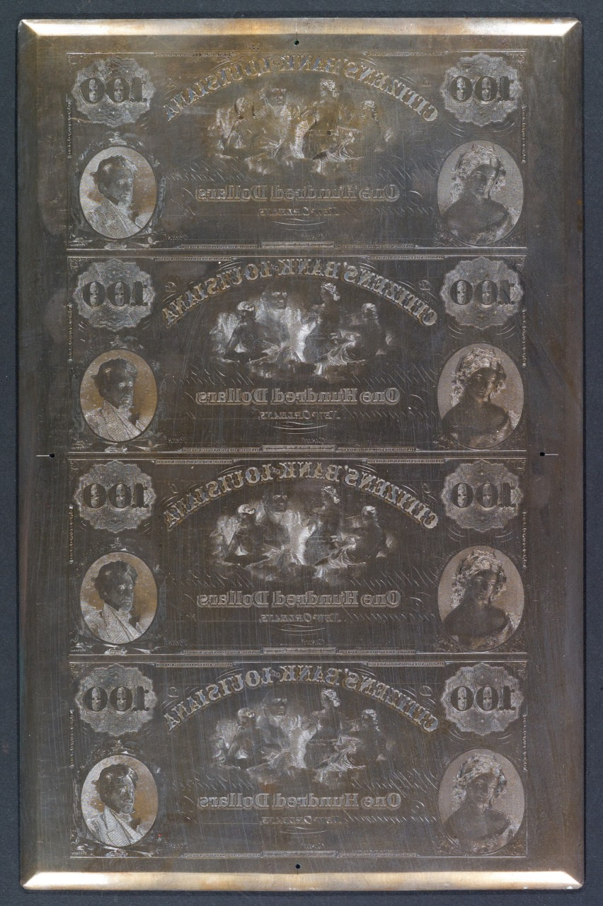 A vintage banknote printing plate displaying multiple engravings of a $100 note from the Citizens Bank of Louisiana. It features intricate designs, including portraits and ornate patterns, arranged in a vertical series.