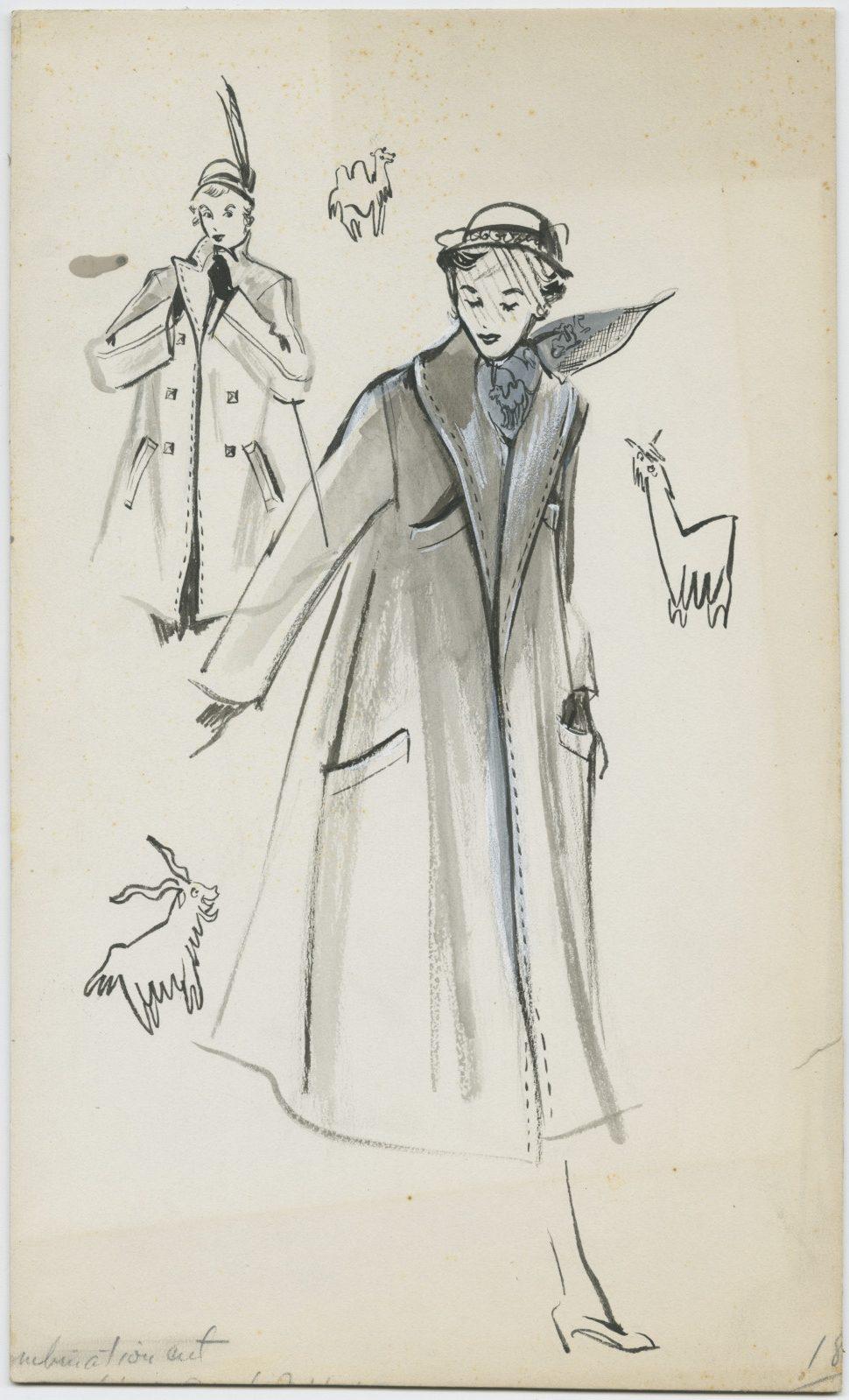 A fashion illustration featuring two figures in long coats with high collars. The central figure has a tilted hat and is walking. The other is adjusting their coat. Small sketches of goats are scattered around them on the page.