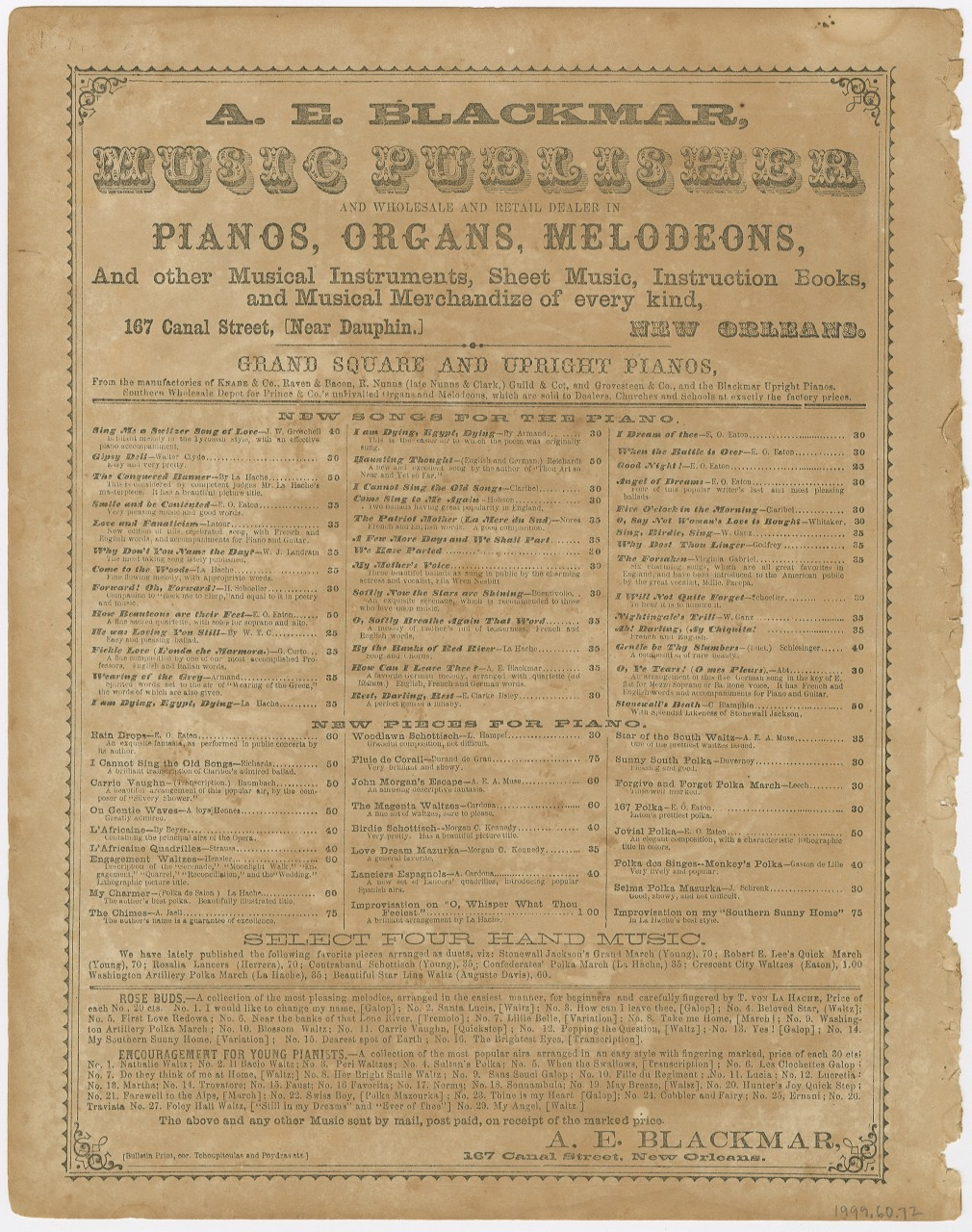Antique advertisement for A. E. Blackmar, a music publisher in New Orleans. The poster details offerings of pianos, organs, melodeons, sheet music, and instruction books. Decorative text and ornamental borders enhance the vintage look.