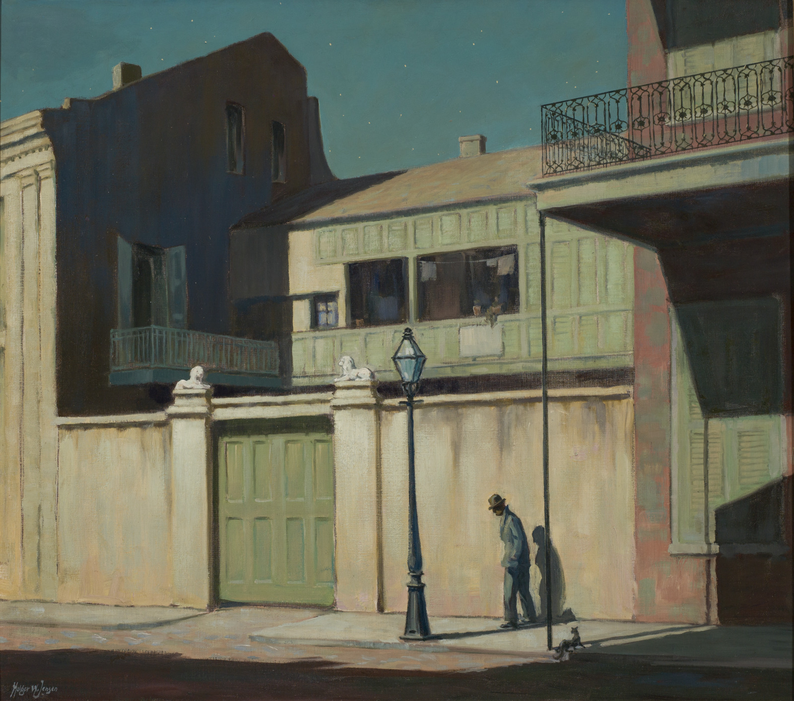French Quarter street scene showing at 710 Toulouse Street, and corner of shuttered building at 714 Toulouse, with a man walking along the street in the darkness, his shadow falling upon the wall. Shows cat beside colonnette supporting balcony, a street light, double doorway of the gateway, laundry hanging on second floor of 710 Toulouse, and ironwork balcony of 714 Toulouse. Shows partial view of balcony and building at corner of Toulouse and Royal Streets.