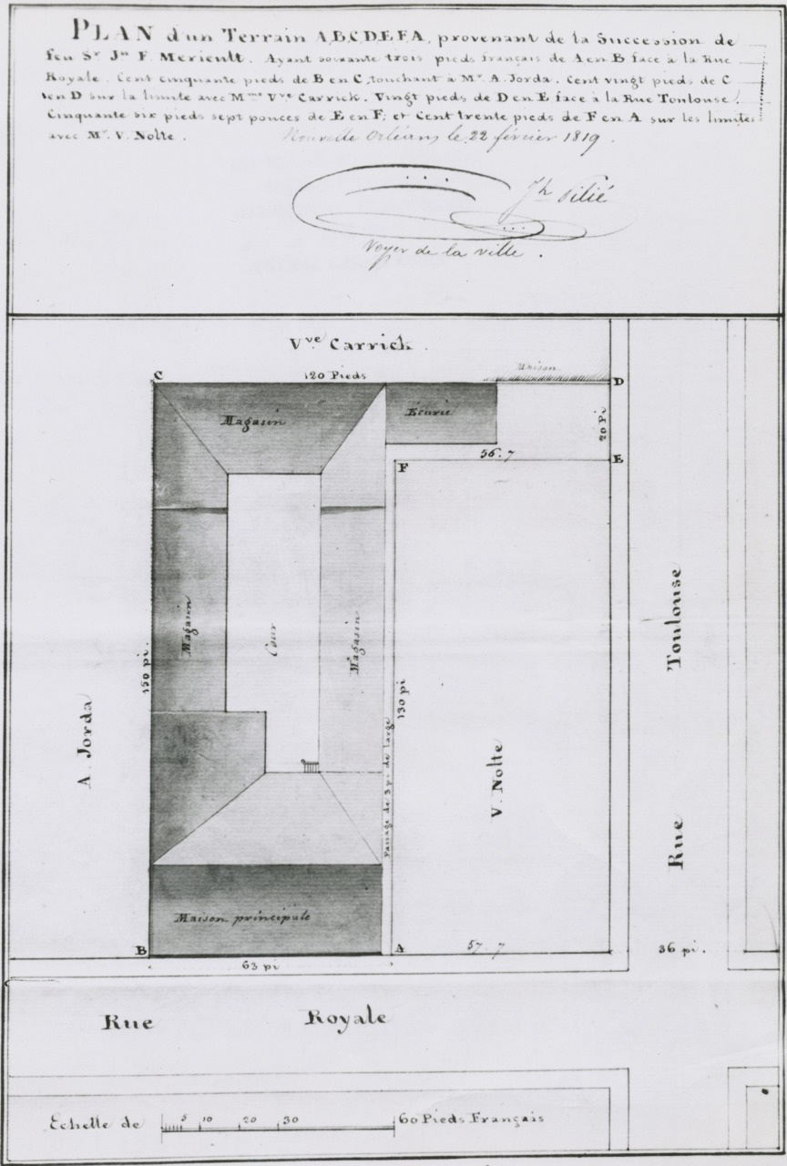 A vintage French land survey map titled PLAN showing the layout of property borders, streets, and buildings. It includes labels like Rue Royale and Tombonue, with a handwritten note at the top right.