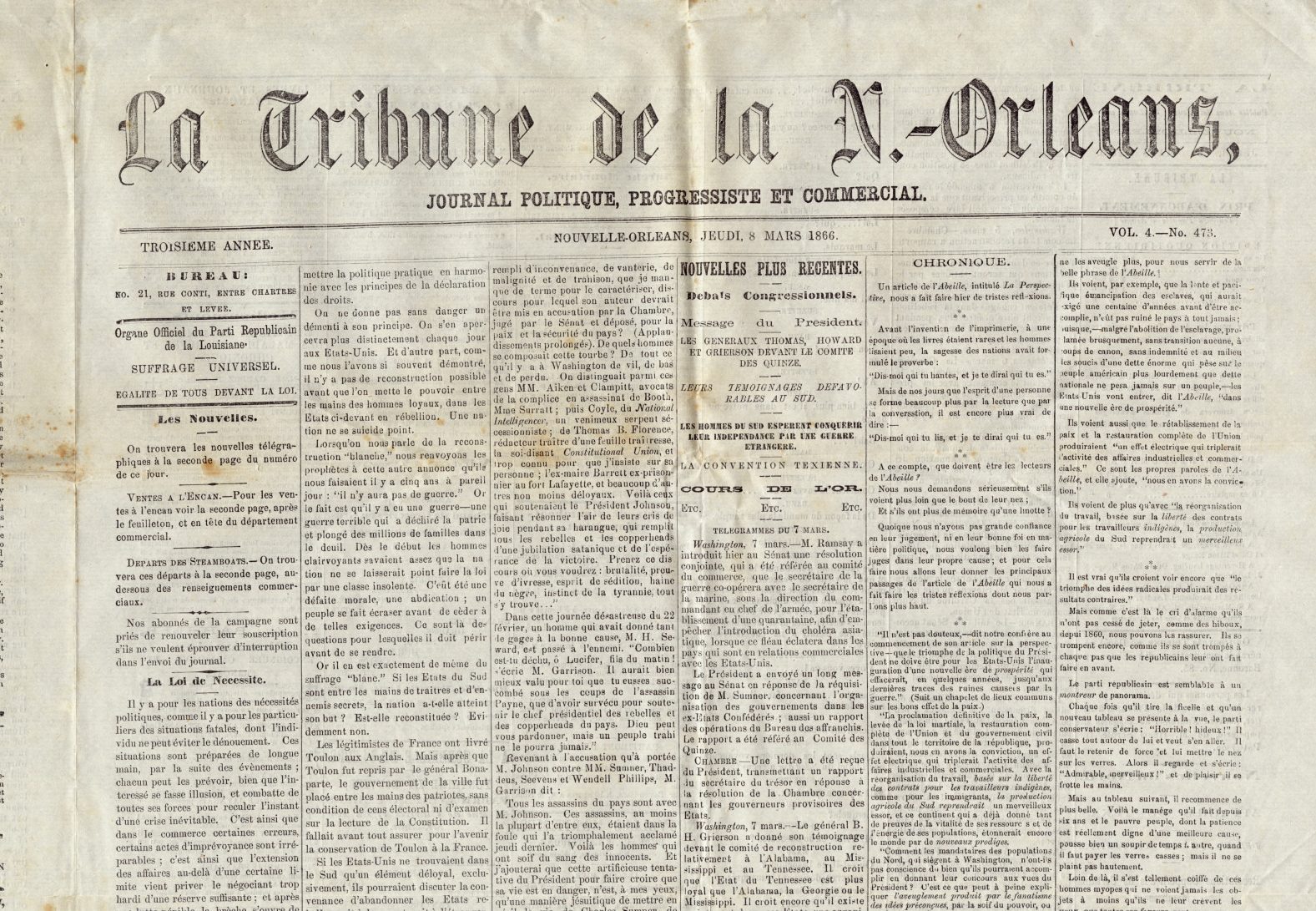 A vintage newspaper, La Tribune de la Nouvelle-Orléans, dated March 3, 1866. The text is in French, featuring political and commercial news. The paper has visible folds and signs of age.