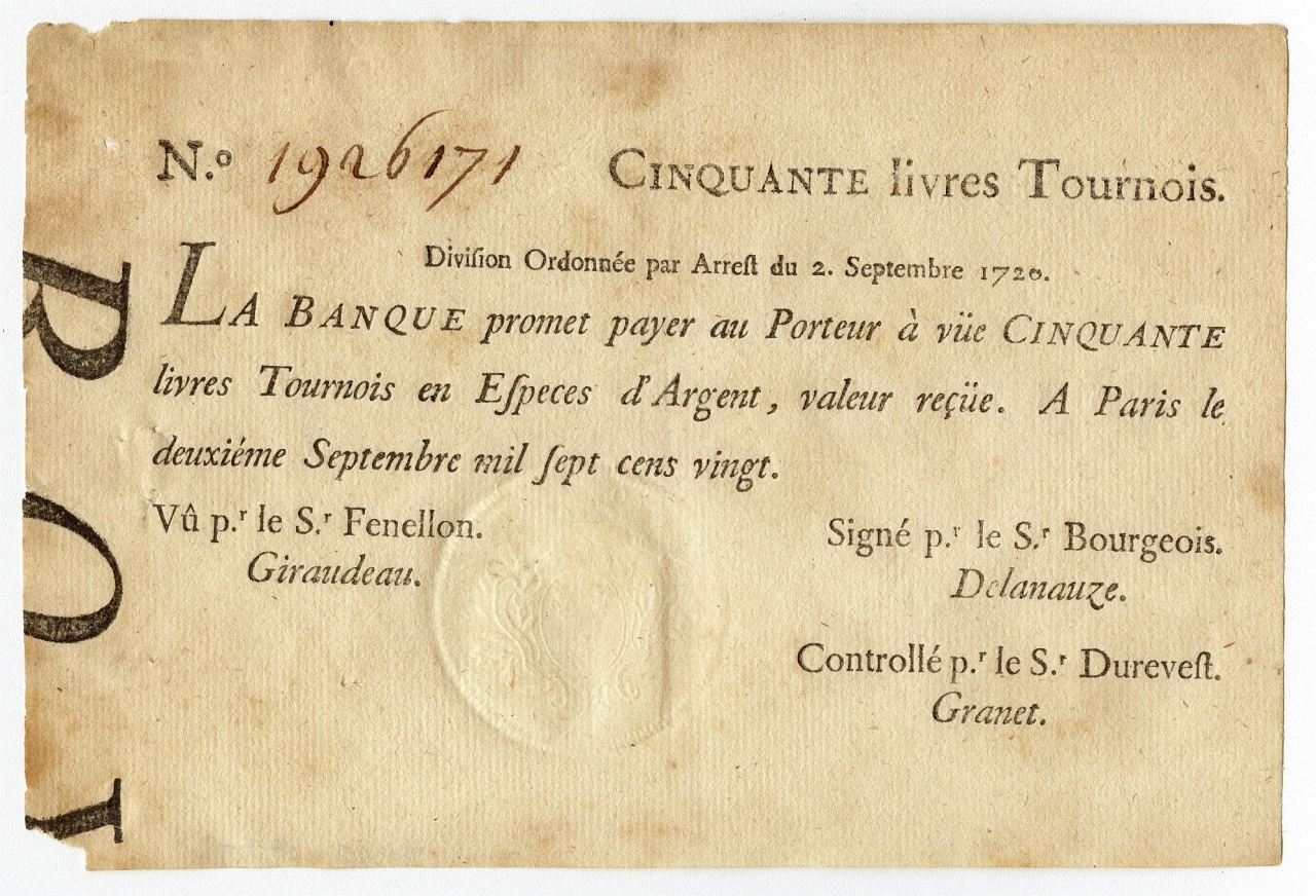 An old French banknote reading Cinquante livres Tournois dated September 2, 1720. It includes several signatures and a circular embossed stamp. The paper shows signs of aging, with a handwritten number at the top left.