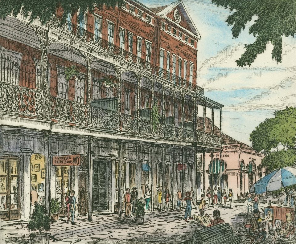 Illustration of a lively street scene with historic brick buildings featuring ornate iron balconies. People walk along the sidewalk, and a street vendor with an umbrella is visible. Lush trees frame the scene, adding a relaxed atmosphere.