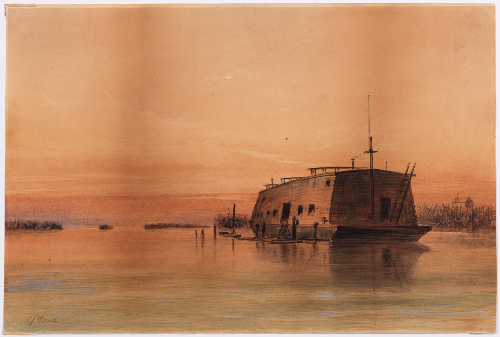 A historic ship painted with earthy tones floats on calm waters under a soft, orange-tinted sky. Sparse vegetation lines the horizon, and faint structures are visible in the distance, creating a serene and nostalgic atmosphere.
