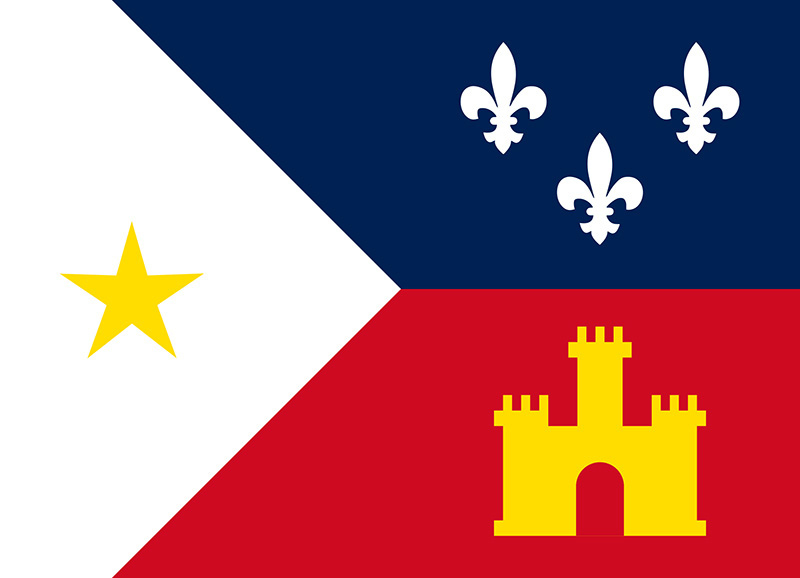 The image shows the flag of Acadiana, featuring a blue and red split background with a white triangle on the left. The blue section has three white fleurs-de-lis, the red section has a yellow castle, and the white section has a yellow star.