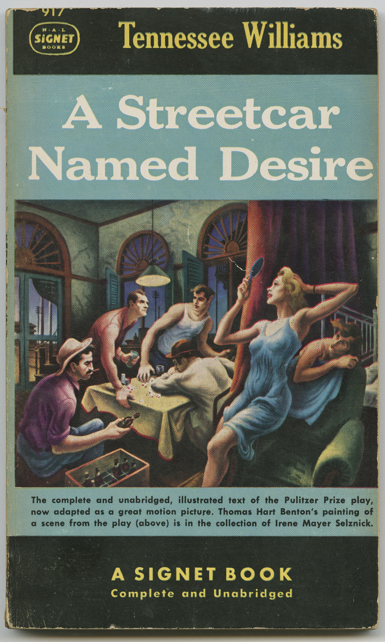 Cover of A Streetcar Named Desire by Tennessee Williams. It features an illustration of people in a room, with one person at a table and others interacting around them. The title and authors name are at the top, with publisher details at the bottom.