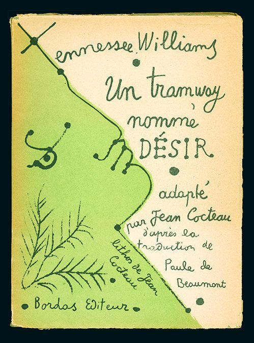 Vintage French book cover featuring abstract green and cream illustration with a profile of a face, decorative text for Un tramway nommé Désir by Tennessee Williams, adapted by Jean Cocteau. Publisher: Bordas Éditeur.