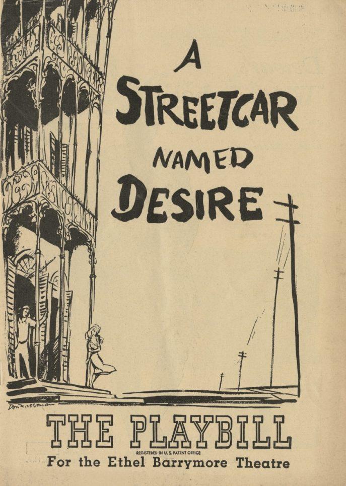 Vintage Playbill cover for A Streetcar Named Desire at the Ethel Barrymore Theatre. Features black and white illustration of a street scene with a woman walking near a detailed building facade and telephone poles.