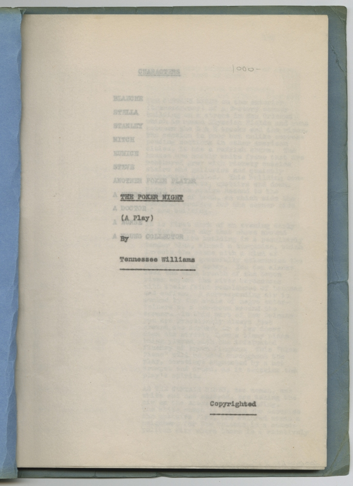 A typewritten page titled Characters lists names followed by A Streetcar Named Desire (A Play) by Tennessee Williams at the bottom. The page is slightly yellowed with a blue edge visible on the left.