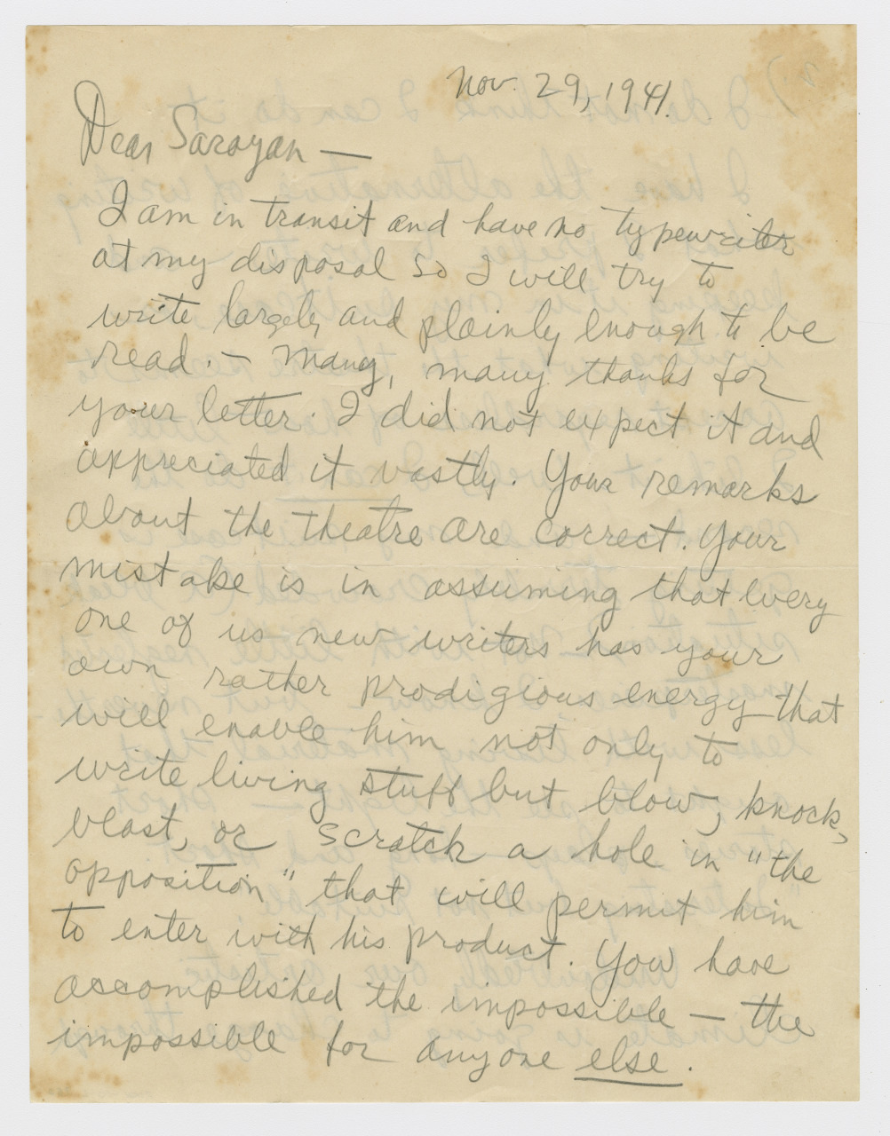 A handwritten letter dated Nov. 29, 1941, discussing a lack of typewriters, theater topics, and the recipients success in involving readers. The letter praises the recipient for achieving what was impossible for others.