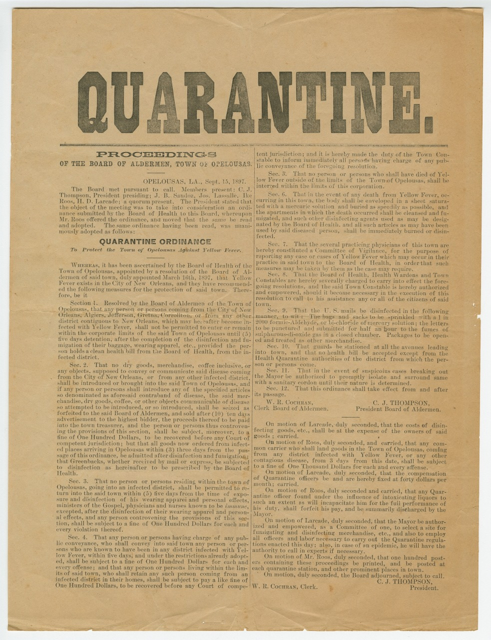 An old document titled Quarantine Ordinance issued by the Board of Aldermen, Town of Opelousas, dated September 18, 1878. It details quarantine procedures and regulations in response to yellow fever. Text is printed in black on aged paper.