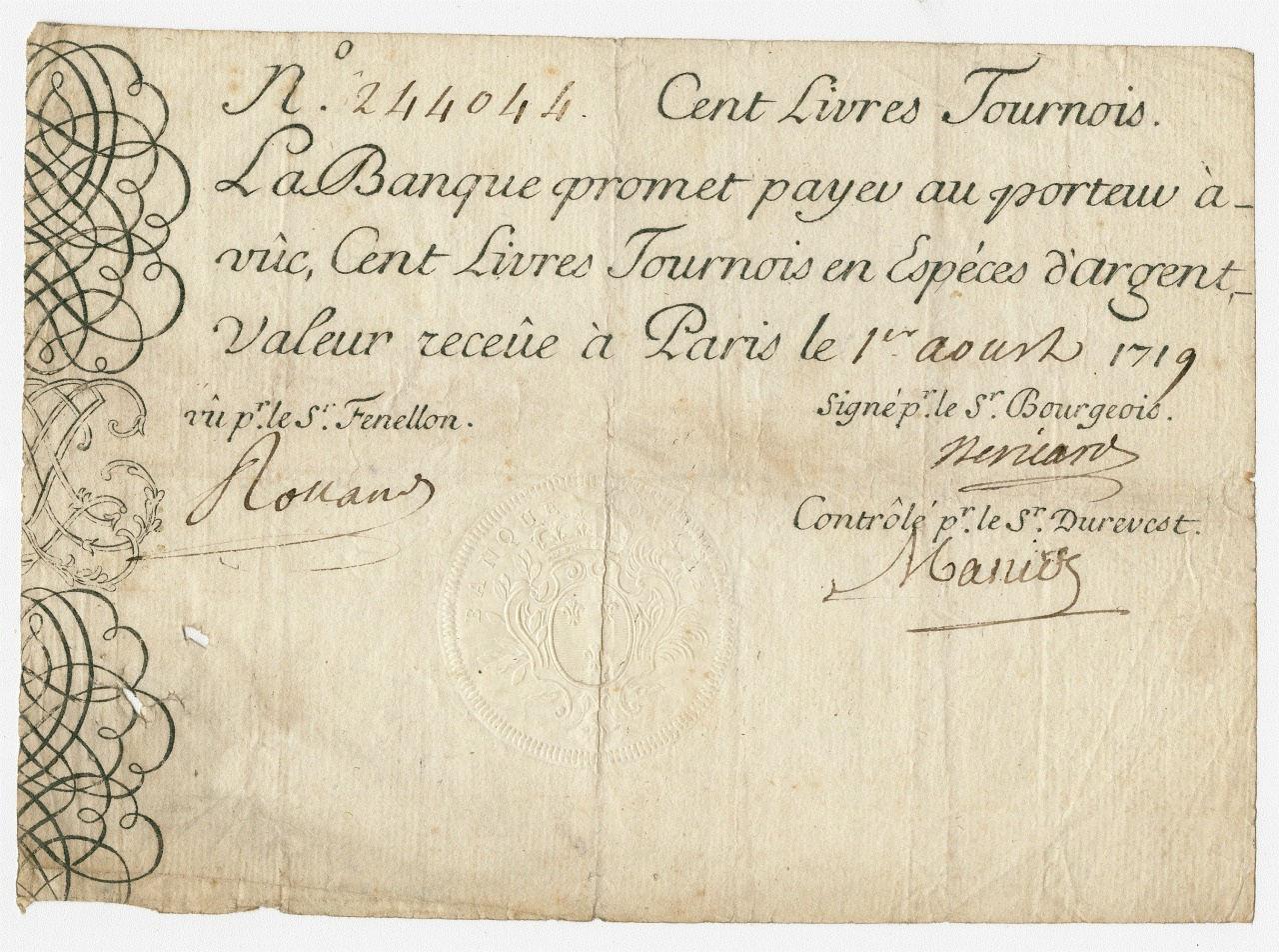 A vintage banknote from 1719 with intricate designs and handwritten French text promising payment in livres tournois. The note includes signatures and decorative flourishes. The number 244044 is visible in the top left corner.