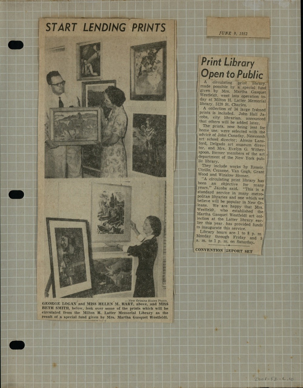 A newspaper clipping titled Start Lending Prints with a photograph of three people examining framed artworks on a wall. The accompanying article discusses a public print library beginning to lend art to the community.