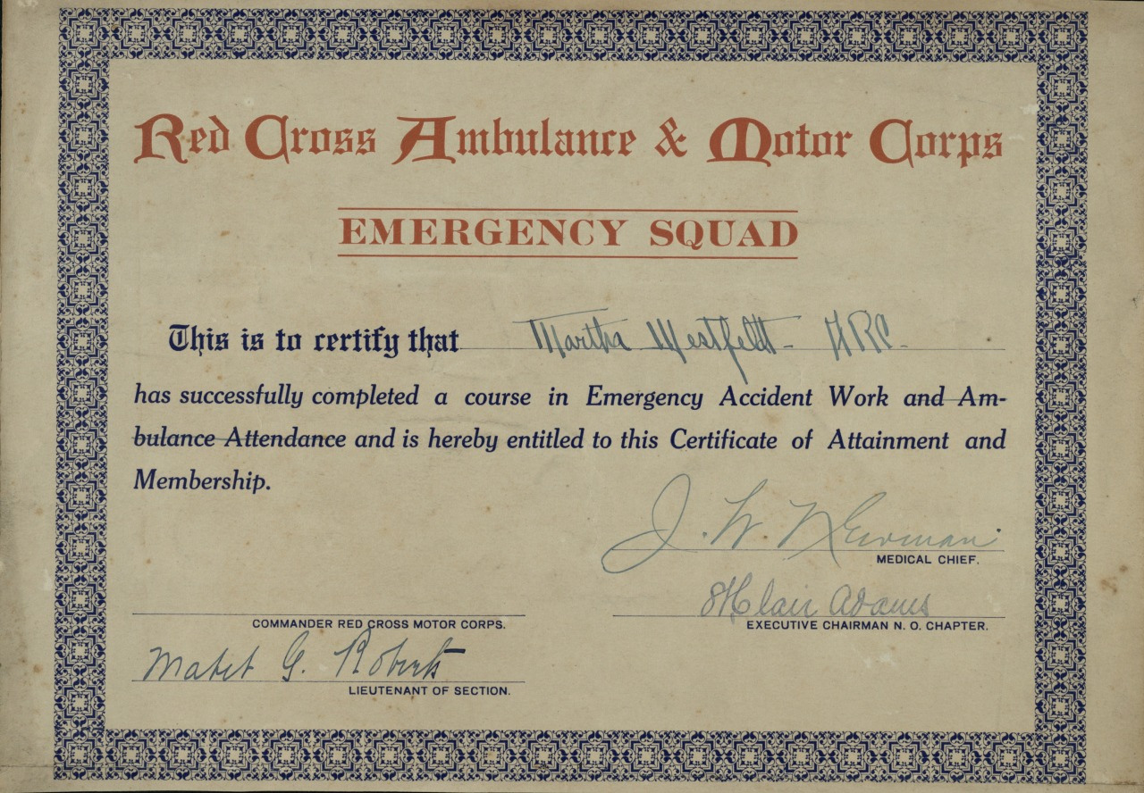 A vintage certificate from the Red Cross Ambulance & Motor Corps, Emergency Squad, awarded to Martha M. Elliott for completing a course in Emergency Accident Work and Ambulance Attendance. Includes signatures and a decorative border.