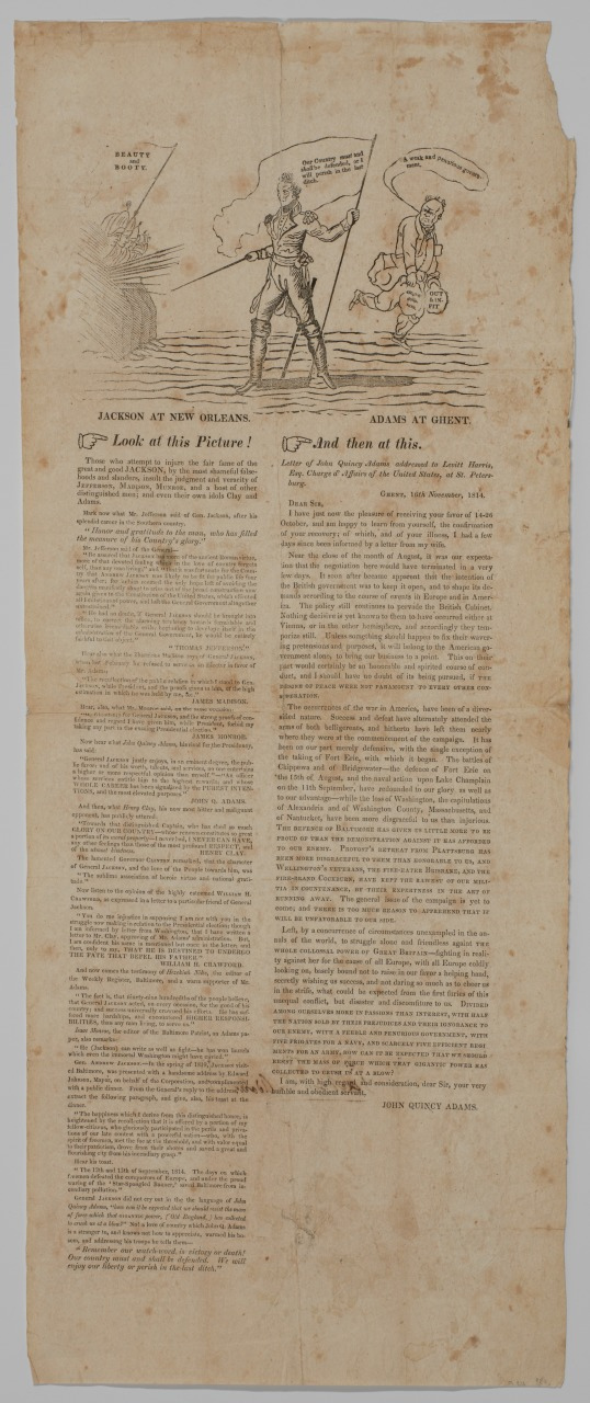 A vintage political pamphlet featuring two illustrations titled Jackson at New Orleans and Adams at Ghent. The text below each image discusses contrasting views of Andrew Jackson and John Quincy Adams. The paper is aged and worn.