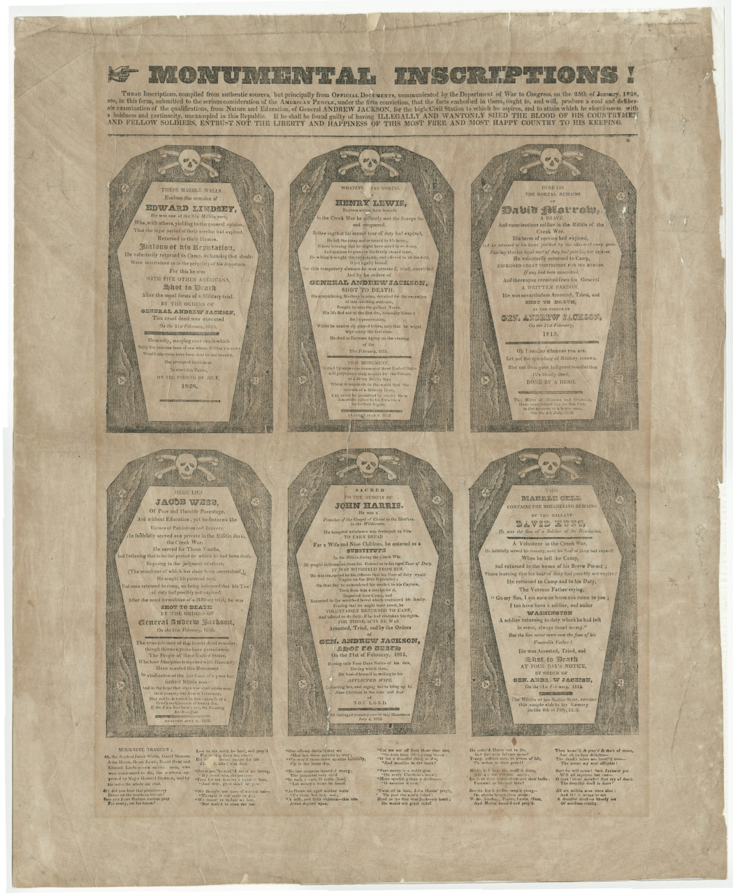A sepia-toned poster titled Monumental Inscriptions displays six coffin-shaped panels with text. Each panel resembles a tombstone, featuring names and epitaph-like descriptions inside. Skull and crossbones adorn the top of each panel.