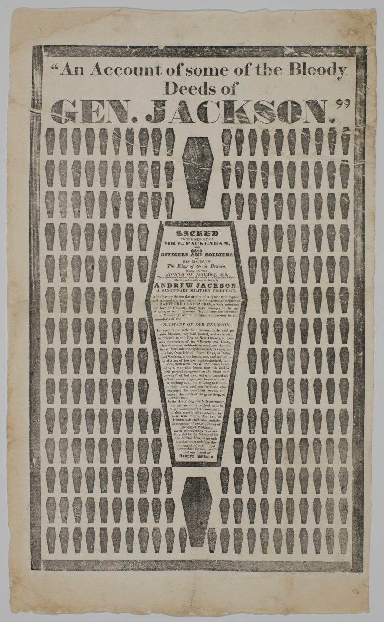 A vintage broadside titled An Account of some of the Bloody Deeds of Gen. Jackson features an array of 120 coffin illustrations. The central text narrates accusations against General Jackson, mentioning the execution of military personnel.