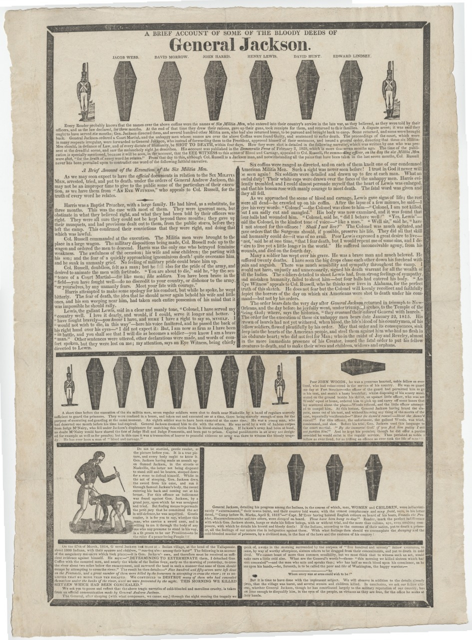 A historical document titled A Brief Account of Some of the Bloody Deeds of General Jackson. It features illustrations of coffins, statues, and text detailing actions attributed to Jackson. Several sections of narrative fill the page.